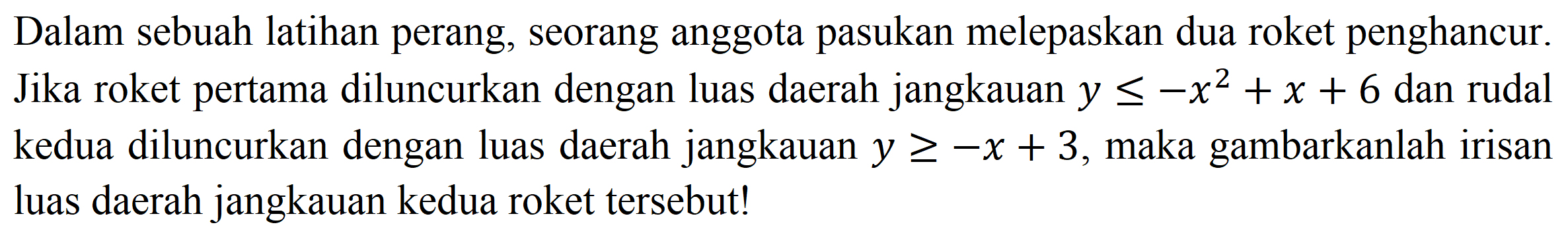 Dalam sebuah latihan perang, seorang anggota pasukan melepaskan dua roket penghancur. Jika roket pertama diluncurkan dengan luas daerah jangkauan  y <=-x^(2)+x+6  dan rudal kedua diluncurkan dengan luas daerah jangkauan  y >=-x+3 , maka gambarkanlah irisan luas daerah jangkauan kedua roket tersebut!