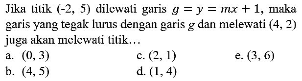 Jika titik  (-2,5)  dilewati garis  g=y=m x+1 , maka garis yang tegak lurus dengan garis  g  dan melewati  (4,2)  juga akan melewati titik...
a.  (0,3) 
c.  (2,1) 
e.  (3,6) 
b.  (4,5) 
d.  (1,4) 