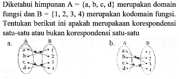 Diketahui himpunan  A={a, b, c, d}  merupakan domain fungsi dan  B={1,2,3,4)  merupakan kodomain fungsi. Tentukan berikut ini apakah merupakaan korespondensi satu-satu atau bukan korespondensi satu-satu
a.
b.