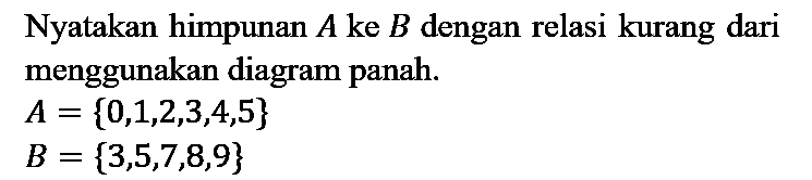 Nyatakan himpunan  A  ke  B  dengan relasi kurang dari menggunakan diagram panah.


A={0,1,2,3,4,5} 
B={3,5,7,8,9}

