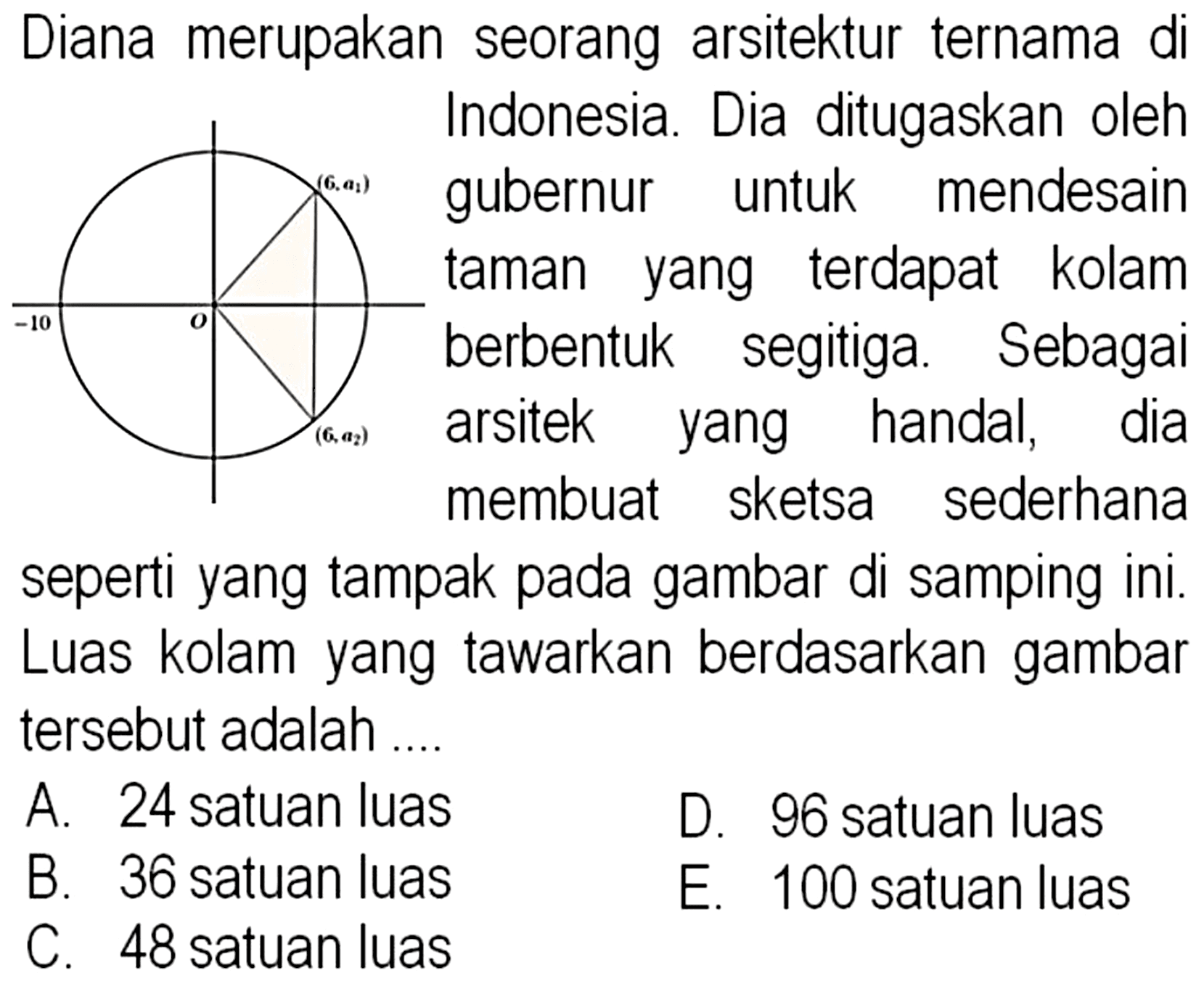 Diana merupakan seorang arsitektur ternama di Indonesia. Dia ditugaskan oleh gubernur untuk mendesain taman yang terdapat kolam berbentuk segitiga. Sebagai arsitek yang handal, dia membuat sketsa sederhana seperti yang tampak pada gambar di samping ini. Luas kolam yang tawarkan berdasarkan gambar tersebut adalah ... -10 O (6,a1) (6,a2) 