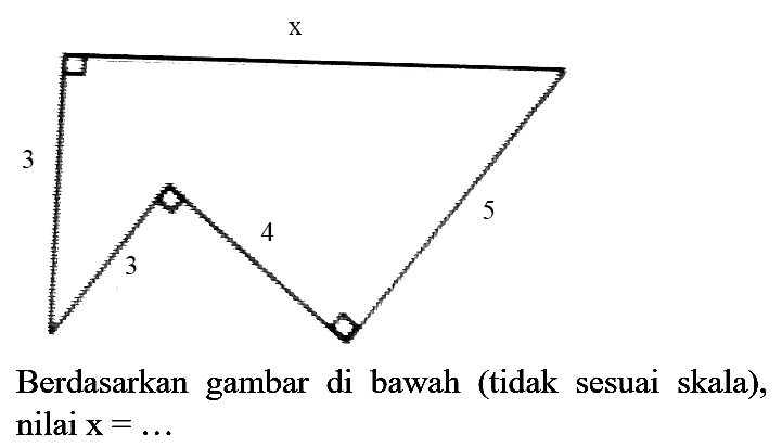 x 3 3 4 5
Berdasarkan gambar di bawah (tidak sesuai skala), nilai  x=... 