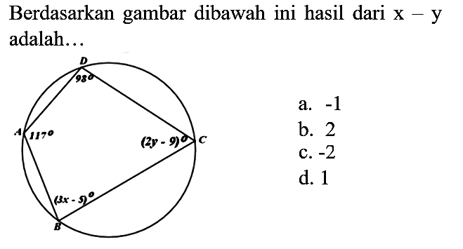 Berdasarkan gambar dibawah ini hasil dari  x-y  adalah...
a.  -1 
b. 2
c.  -2 
d. 1