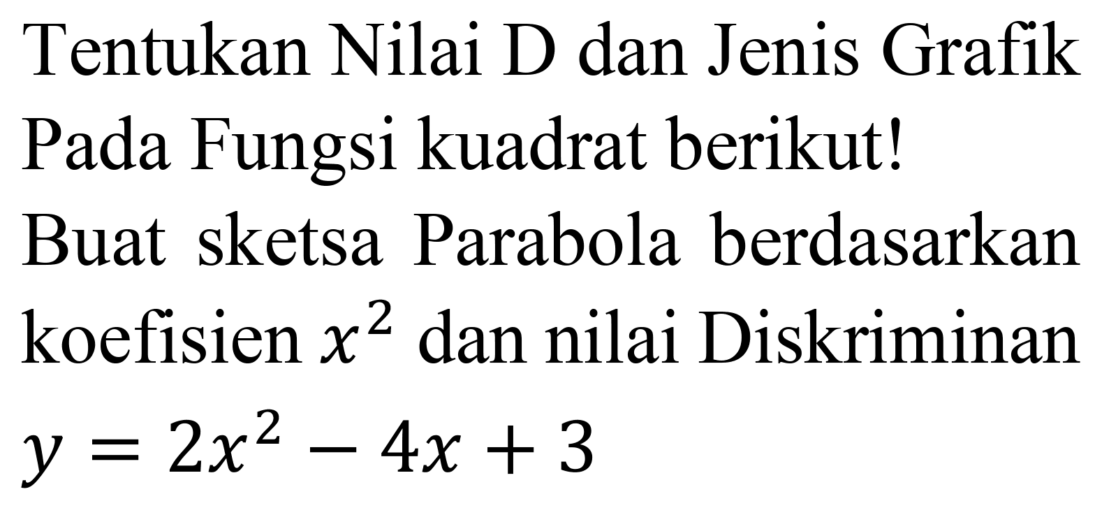 Tentukan Nilai D dan Jenis Grafik Pada Fungsi kuadrat berikut! Buat sketsa Parabola berdasarkan koefisien  x^(2)  dan nilai Diskriminan  y=2 x^(2)-4 x+3