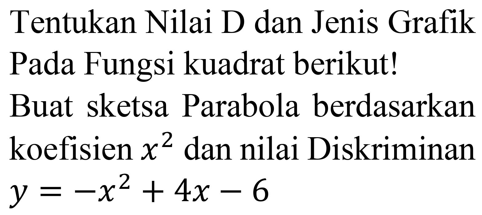 Tentukan Nilai D dan Jenis Grafik Pada Fungsi kuadrat berikut! Buat sketsa Parabola berdasarkan koefisien  x^(2)  dan nilai Diskriminan  y=-x^(2)+4 x-6