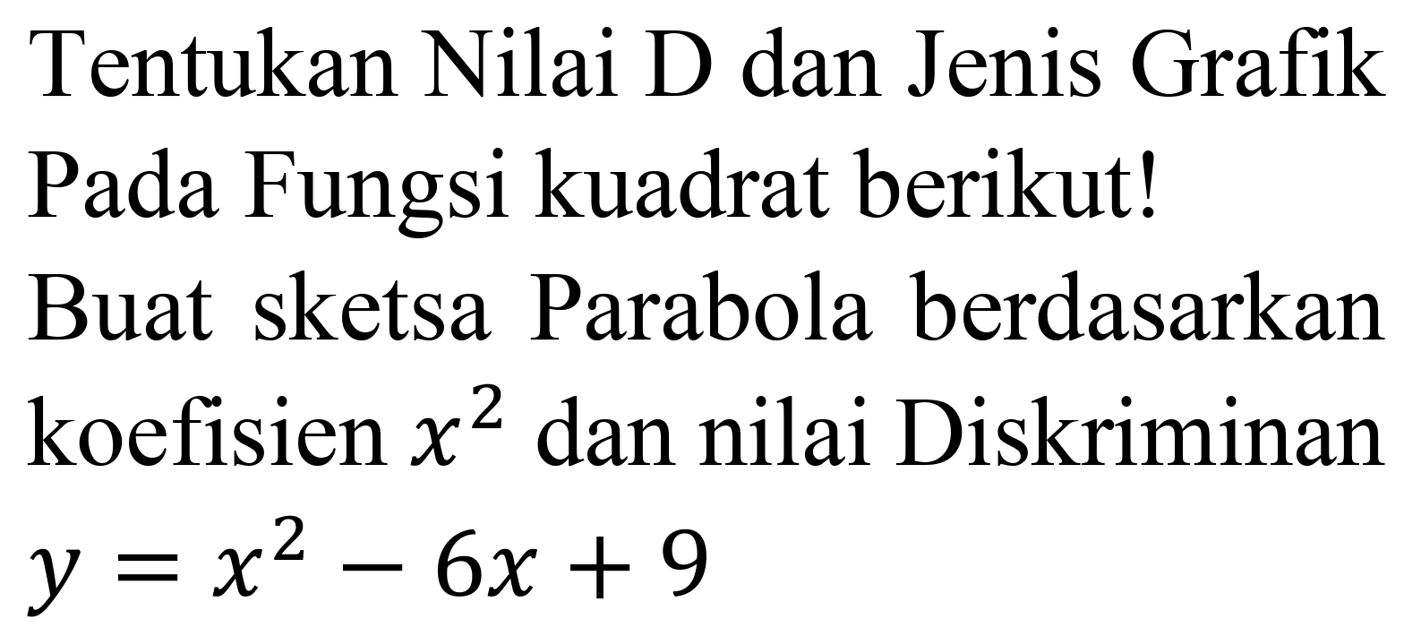 Tentukan Nilai D dan Jenis Grafik Pada Fungsi kuadrat berikut! Buat sketsa Parabola berdasarkan koefisien  x^(2)  dan nilai Diskriminan  y=x^(2)-6 x+9