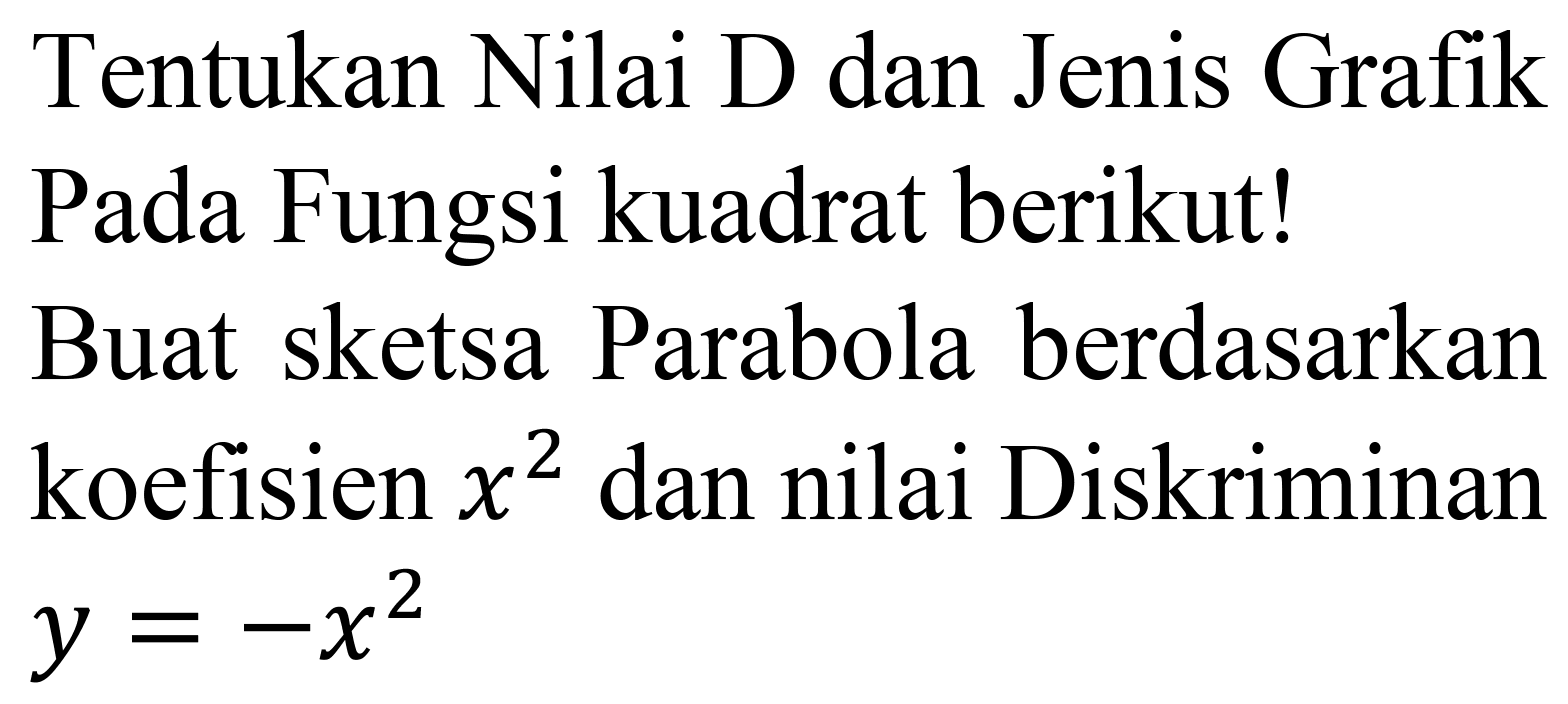 Tentukan Nilai D dan Jenis Grafik Pada Fungsi kuadrat berikut! Buat sketsa Parabola berdasarkan koefisien  x^(2)  dan nilai Diskriminan  y=-x^(2)