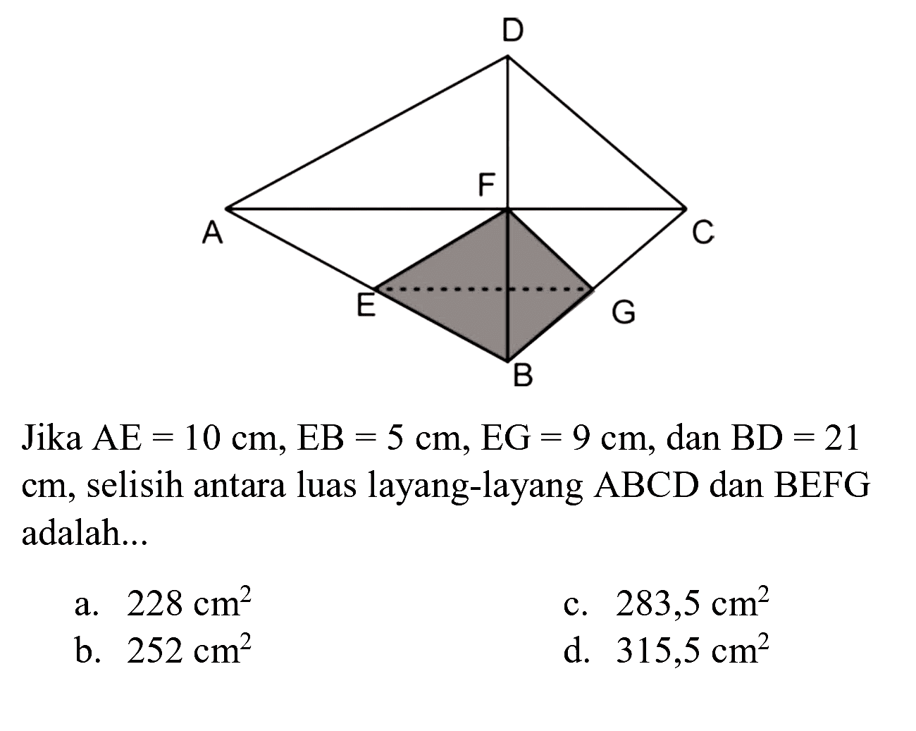 Jika  AE=10 cm, ~EB=5 cm, EG=9 cm , dan  BD=21   cm , selisih antara luas layang-layang  ABCD  dan  BEFG  adalah...
a.  228 cm^(2) 
c.  283,5 cm^(2) 
b.  252 cm^(2) 
d.  315,5 cm^(2) 