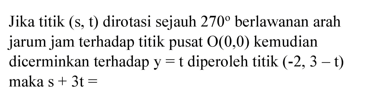 Jika titik (s,t) dirotasi sejauh 270 berlawanan arah jarum jam terhadap titik pusat O (0,0) kemudian dicerminkan terhadap y=t diperoleh titik (-2, 3 - t) maka s + 3t =