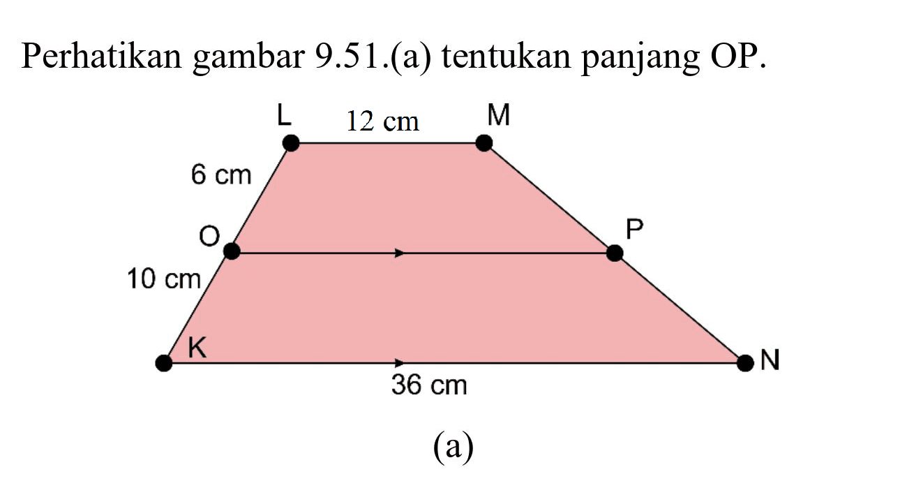 Perhatikan gambar 9.51.(a) tentukan panjang OP.
L 12 cm M 6 cm O P 10 cm K 36 cm N 
(a)