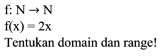 

f: N -> N 
f(x)=2 x


Tentukan domain dan range!