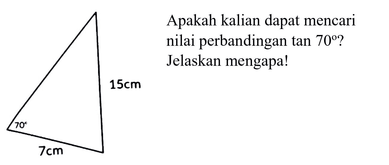 Apakah kalian dapat mencari nilai perbandingan  tan 70  ? Jelaskan mengapa!