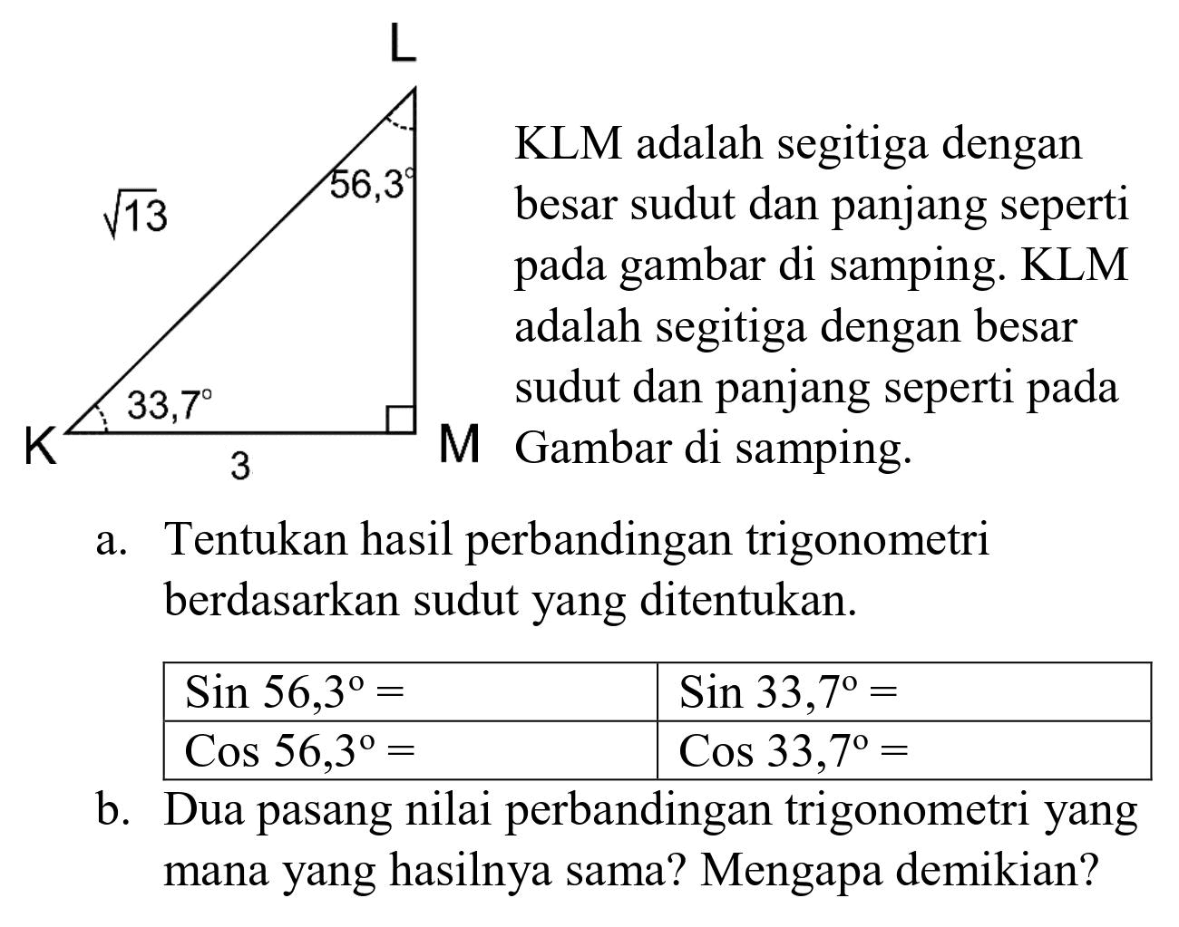 KLM adalah segitiga dengan
besar sudut dan panjang seperti
pada gambar di samping. KLM
adalah segitiga dengan besar
sudut dan panjang seperti pada
Gambar di samping.
a. Tentukan hasil perbandingan trigonometri berdasarkan sudut yang ditentukan.

  Sin 56,3=    Sin 33,7=  
  Cos 56,3=    Cos 33,7=  


b. Dua pasang nilai perbandingan trigonometri yang mana yang hasilnya sama? Mengapa demikian?