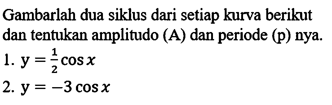 Gambarlah dua siklus dari setiap kurva berikut dan tentukan amplitudo (A) dan periode (p) nya.
1.  y=(1)/(2) cos x 
2.  y=-3 cos x 