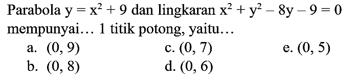 Parabola  y = x^2 + 9 dan lingkaran x^2 + y^2 - 8y - 9 = 0 mempunyai... 1 titik potong, yaitu...
