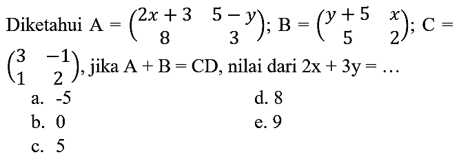 Diketahui  A=(2 x+3  5-y  8  3) ; B=(y+5  x  5  2) ; C=   (3  -1  1  2) , jika  A+B=CD , nilai dari  2 x+3 y=... 
a.  -5 
d. 8
b. 0
e. 9
c. 5