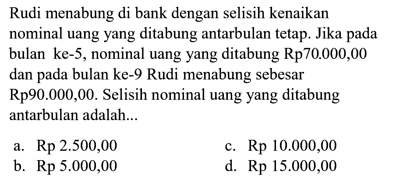 Rudi menabung di bank dengan selisih kenaikan nominal uang yang ditabung antarbulan tetap. Jika pada bulan ke-5, nominal uang yang ditabung Rp70.000,00 dan pada bulan ke- 9 Rudi menabung sebesar Rp90.000,00. Selisih nominal uang yang ditabung antarbulan adalah...
a.  Rp 2.500,00 
c.  Rp 10.000,00 
b.  Rp 5.000,00 
d.  Rp 15.000,00 