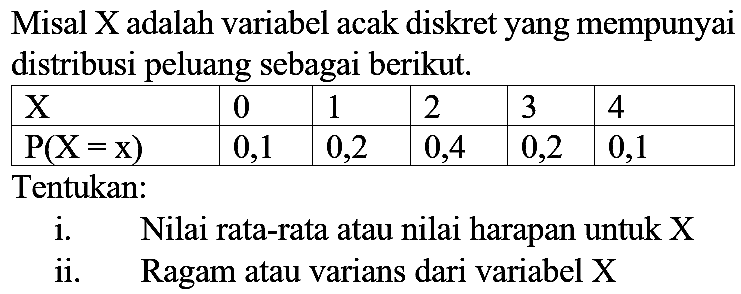 Misal X adalah variabel acak diskret yang mempunyai distribusi peluang sebagai berikut.

  X   0  1  2  3  4 
  P(X=x)   0,1  0,2  0,4  0,2  0,1 


Tentukan:
i. Nilai rata-rata atau nilai harapan untuk X
ii. Ragam atau varians dari variabel  X 