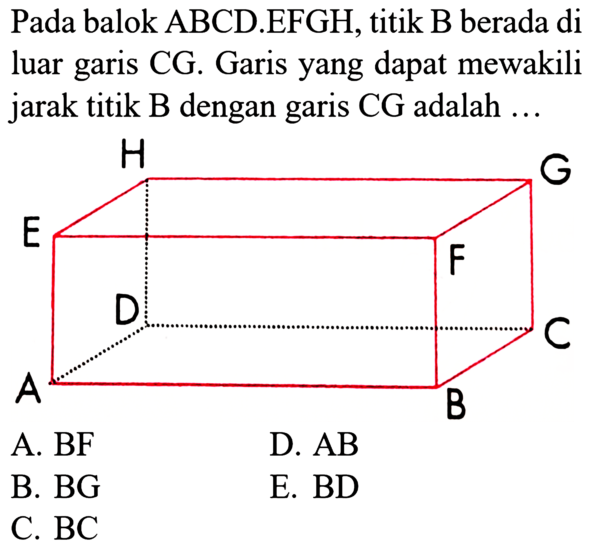Pada balok ABCD.EFGH, titik B berada di luar garis CG. Garis yang dapat mewakili jarak titik B dengan garis CG adalah ...