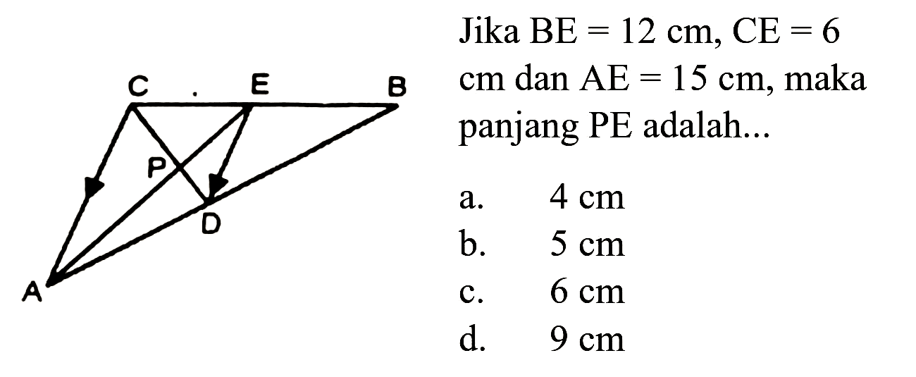 Jika BE  =12 cm, CE=6  cm  dan  AE=15 cm , maka panjang PE adalah...