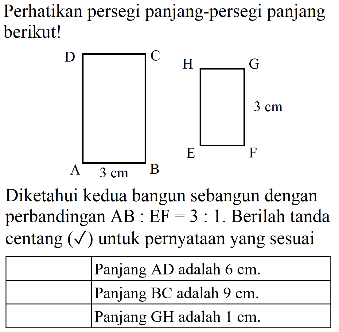 Perhatikan persegi panjang-persegi panjang berikut!

Diketahui kedua bangun sebangun dengan perbandingan  AB: EF=3: 1 . Berilah tanda centang  (checkmark)  untuk pernyataan yang sesuai

  Panjang AD adalah  6 cm .  
  Panjang BC adalah  9 cm .  
  Panjang GH adalah  1 cm .  

