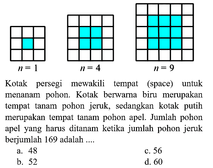 Kotak persegi mewakili tempat (space) untuk menanam pohon. Kotak berwarna biru merupakan tempat tanam pohon jeruk, sedangkan kotak putih merupakan tempat tanam pohon apel. Jumlah pohon apel yang harus ditanam ketika jumlah pohon jeruk berjumlah 169 adalah .... n=1 n=4 n=9