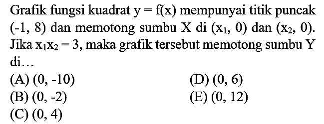 Grafik fungsi kuadrat  y=f(x)  mempunyai titik puncak  (-1,8)  dan memotong sumbu  X  di  (x1, 0)  dan  (x2, 0). Jika  x1 x2 = 3, maka grafik tersebut memotong sumbu  Y  di...
