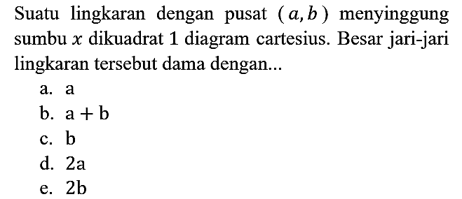 Suatu lingkaran dengan pusat  (a, b)  menyinggung sumbu  x  dikuadrat 1 diagram cartesius. Besar jari-jari lingkaran tersebut sama dengan...
