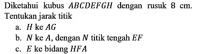 Diketahui kubus  A B C D E F G H  dengan rusuk  8 cm . Tentukan jarak titik
a.  H ke A G 
b.  N  ke  A , dengan  N  titik tengah  E F 
c.  E  ke bidang  H F A 