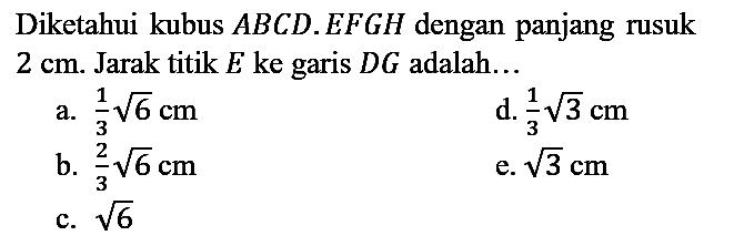 Diketahui kubus  A B C D . E F G H  dengan panjang rusuk  2 cm . Jarak titik  E  ke garis  D G  adalah...