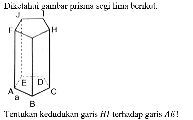 Diketahui gambar prisma segi lima berikut.
J I F H A E D C a B
Tentukan kedudukan garis HI terhadap garis AE!