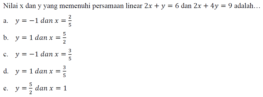 Nilai x dan y yang memenuhi persamaan linear 2x + y = 6 dan 2x + 4y = 9 adalah