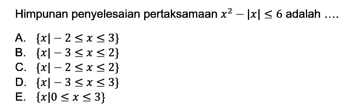 Himpunan penyelesaian pertaksamaan x^2-|x|<=6 adalah ...