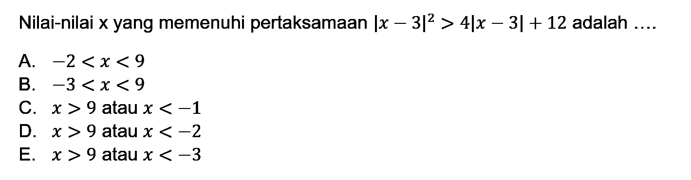 Nilai-nilai x yang memenuhi pertaksamaan |x-3|^2>4|x-3|+12 adalah ....