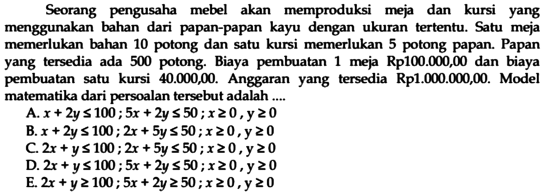 Seorang pengusaha mebel akan memproduksi meja dan kursi yang menggunakan bahan dari papan-papan kayu dengan ukuran tertentu. Satu meja memerlukan bahan 10 potong dan satu kursi memerlukan 5 potong papan. Papan yang tersedia ada 500 potong. Biaya pembuatan 1 meja Rp100.000,00 dan biaya pembuatan satu kursi 40.000,00. Anggaran yang tersedia Rp1.000.000,00. Model matematika dari persoalan tersebut adalah ...