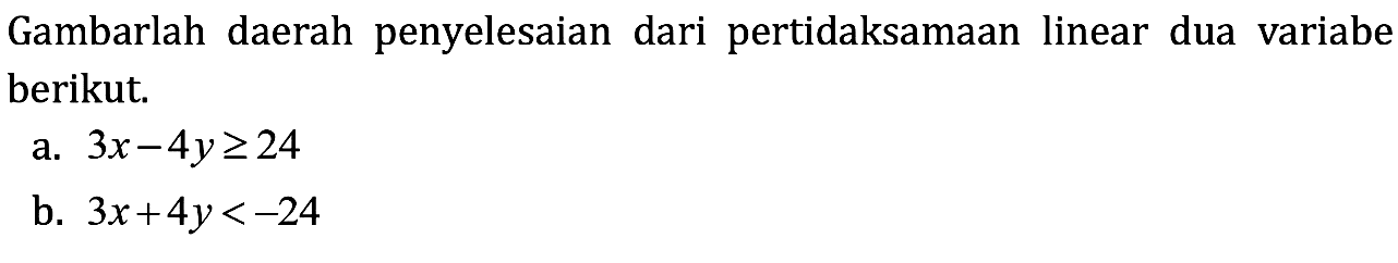 Gambarlah daerah penyelesaian dari pertidaksamaan linear dua variabe berikut. a. 3x-4y>=24 b. 3x+4y<-24