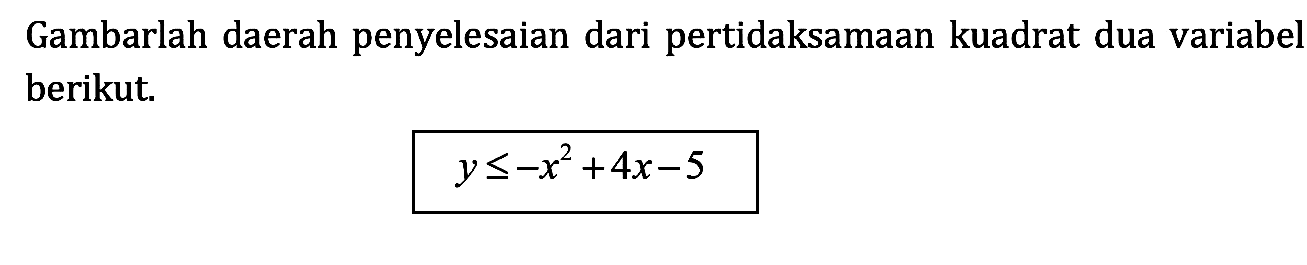 Gambarlah daerah penyelesaian dari pertidaksamaan kuadrat dua variabel berikut.y <=-x^2+4x-5