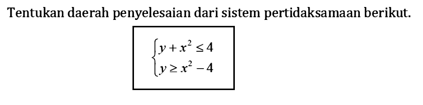 Tentukan daerah penyelesaian dari sistem pertidaksamaan berikut. y+x^2<=4 y>=x^2-4