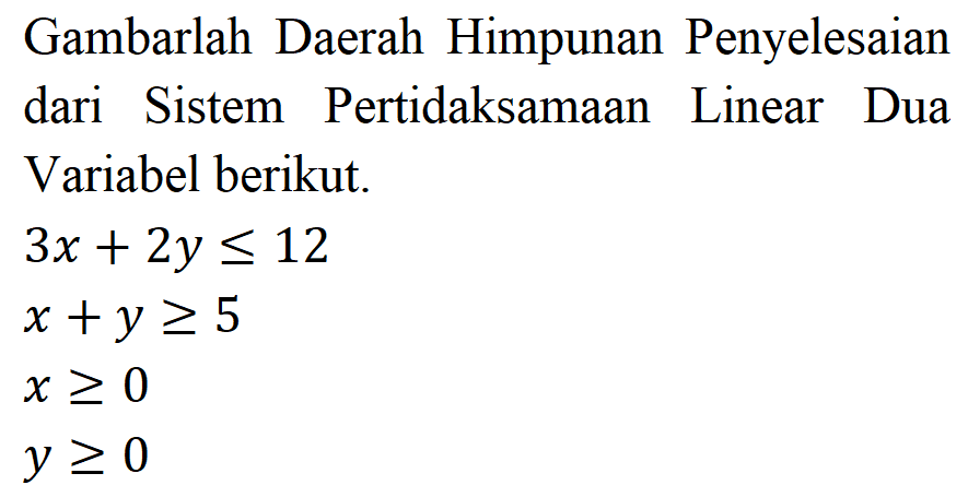 Gambarlah Daerah Himpunan Penyelesaian dari Sistem Pertidaksamaan Linear Dua Variabel berikut.3x+2y <= 12 x+y >= 5 x >= 0 y >= 0