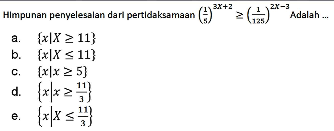 Himpunan penyelesaian dari pertidaksamaan (1/5)^(3x+2)>=(1/125)^(2x-3) adalah ....