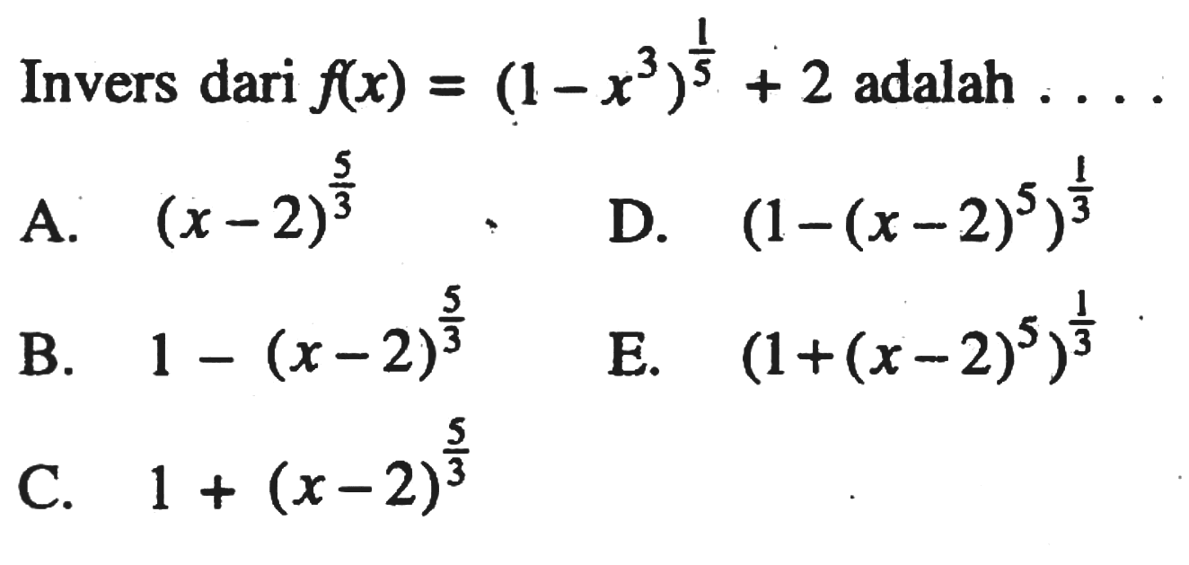 Invers dari f(x)=(1-x^3)^(1/5)+2 adalah ....