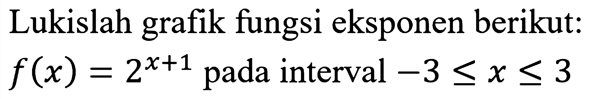 Lukislah grafik fungsi eksponen berikut: f(x)=2^(x+1) pada interval -3 <= x <= 3