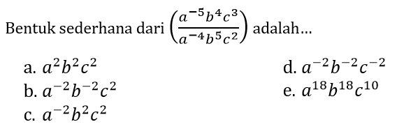 Bentuk sederhana dari  ((a^(-5) b^(4) c^(3))/(a^(-4) b^(5) c^(2)))  adalah...