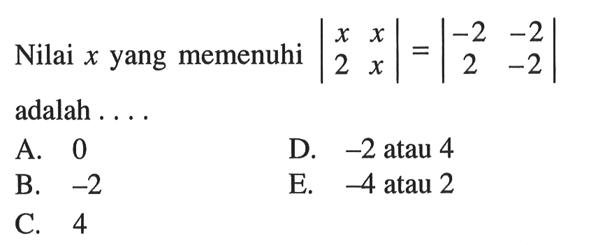 Nilai x yang memenuhi |x x 2 x| = |-2 -2 2 -2| adalah....