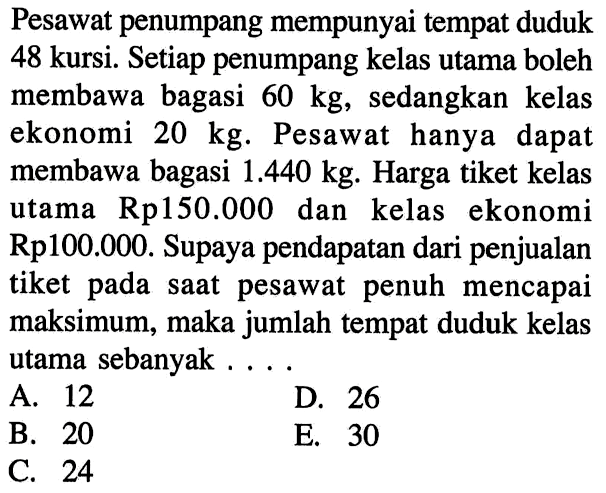 Pesawat penumpang mempunyai tempat duduk 48 kursi. Setiap penumpang kelas utama boleh membawa bagasi 60 kg, sedangkan kelas ekonomi 20 kg. Pesawat hanya dapat membawa bagasi 1.440 kg. Harga tiket kelas utama Rp150.000 dan kelas ekonomi Rp 100.000. Supaya pendapatan dari penjualan tiket pada saat pesawat penuh mencapai maksimum, maka jumlah tempat duduk kelas utama sebanyak 