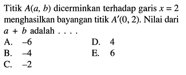 Titik A(a, b) dicerminkan terhadap garis x = 2 menghasilkan bayangan titik A'(0, 2). Nilai dari a + b adalah