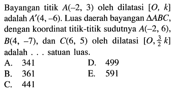 Bayangan titik A(-2, 3) oleh dilatasi [0, k] adalah A'(4,-6). Luas daerah bayangan segitga ABC, dengan koordinat titik-titik sudutnya A(-2, 6), B(4, -7), dan C(6, 5) oleh dilatasi [0,3/2 k] adalah ... satuan luas.