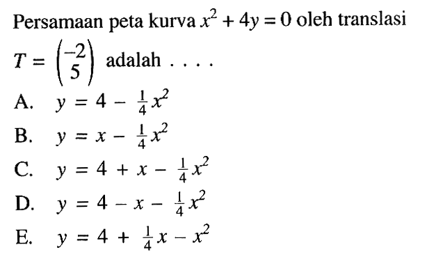 Persamaan peta kurva x^2+4y=0 oleh translasi T=(-2 5) adalah ....