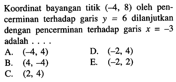 Koordinat bayangan titik (-4, 8) oleh pencerminan terhadap garis y=6 dilanjutkan dengan pencerminan terhadap garis x=-3 adalah ....