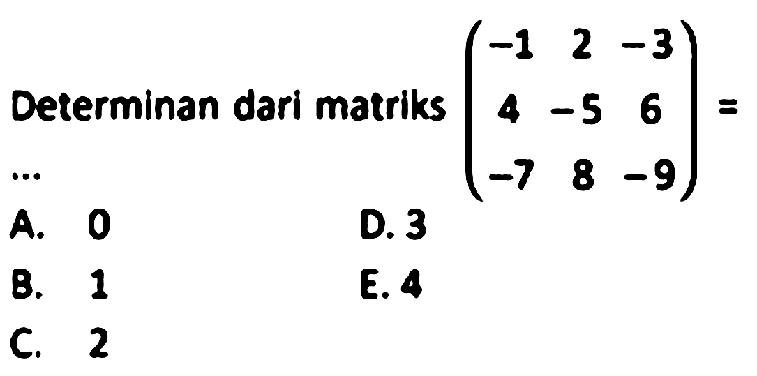 Determinan dari matriks (-1 2 -3 4 -5 6 -7 8 -9)=